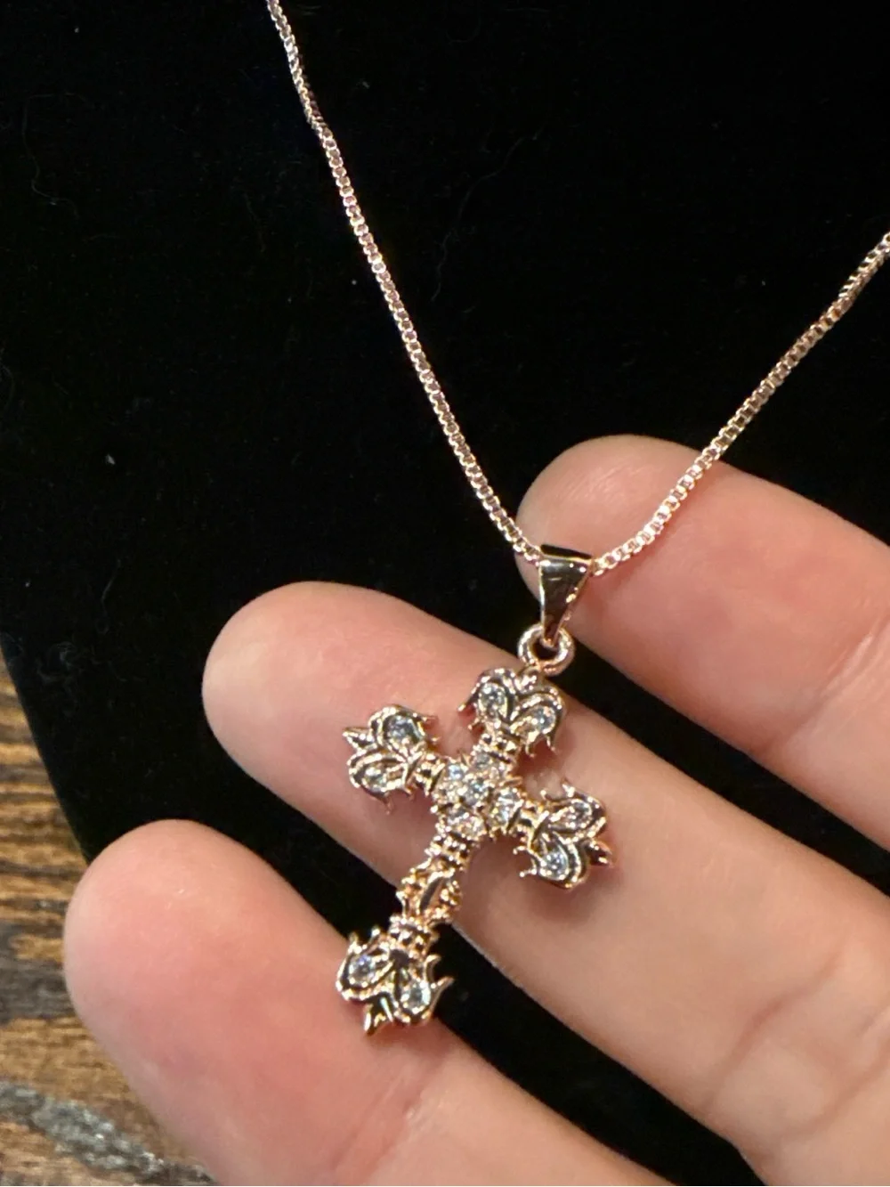 Gold Cross Pendant Necklace with Clear Crystal Accents
